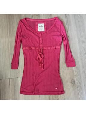 y2k Hollister babydoll henley pink long sleeve top with tie detail